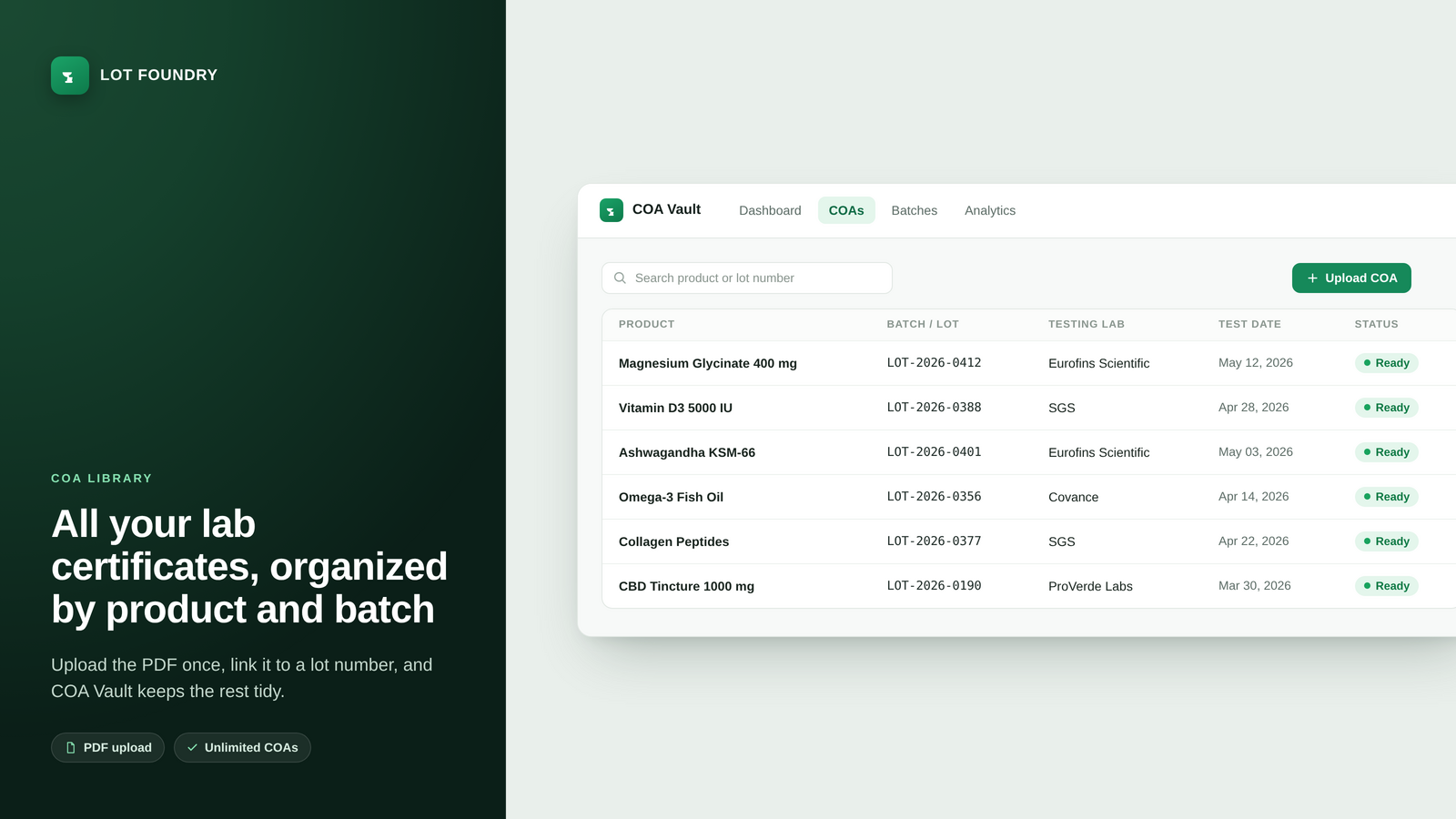 The COA Vault library, certificates organized by product and batch