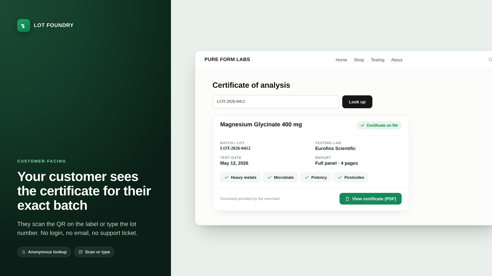 What a customer sees: the lab certificate for their exact batch