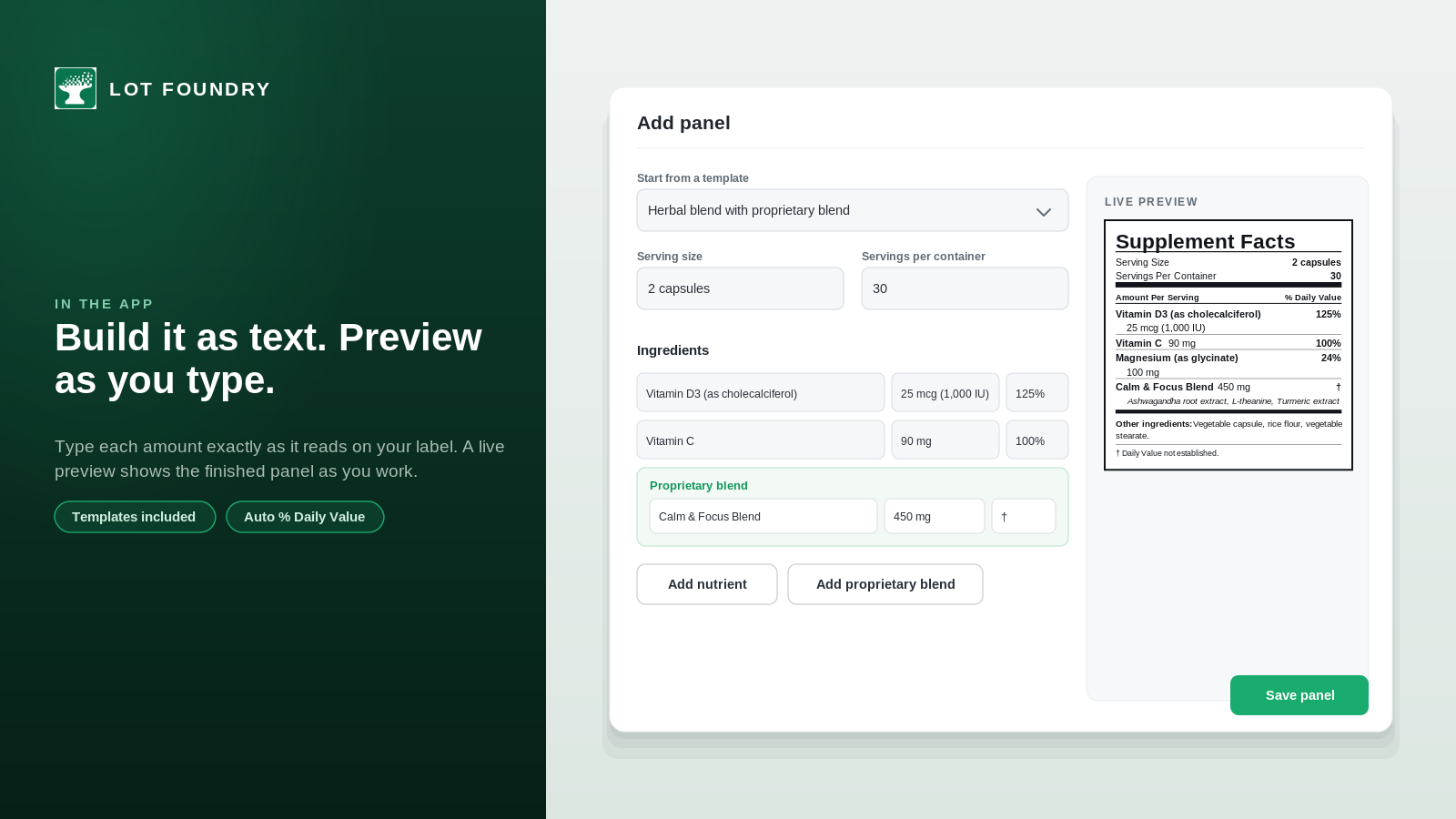 Label Panel editor with a live preview of the Supplement Facts panel