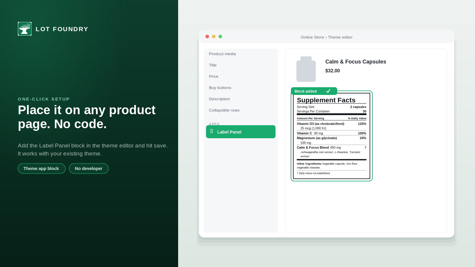Adding the Label Panel block to a product page in the theme editor