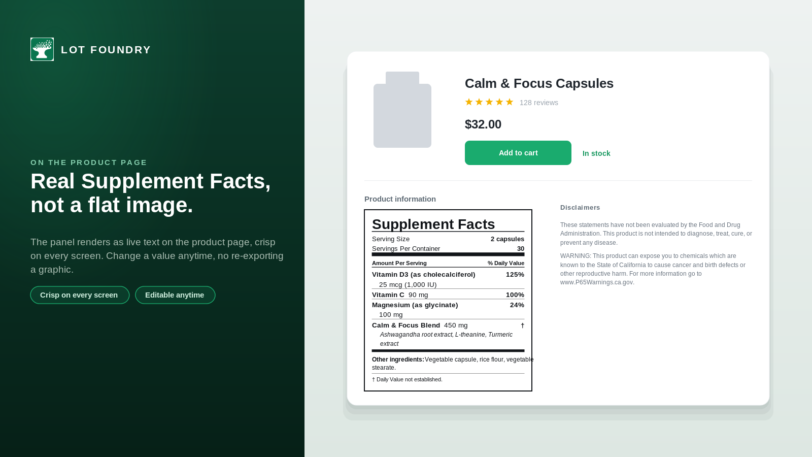 A Supplement Facts panel rendered on a Shopify product page